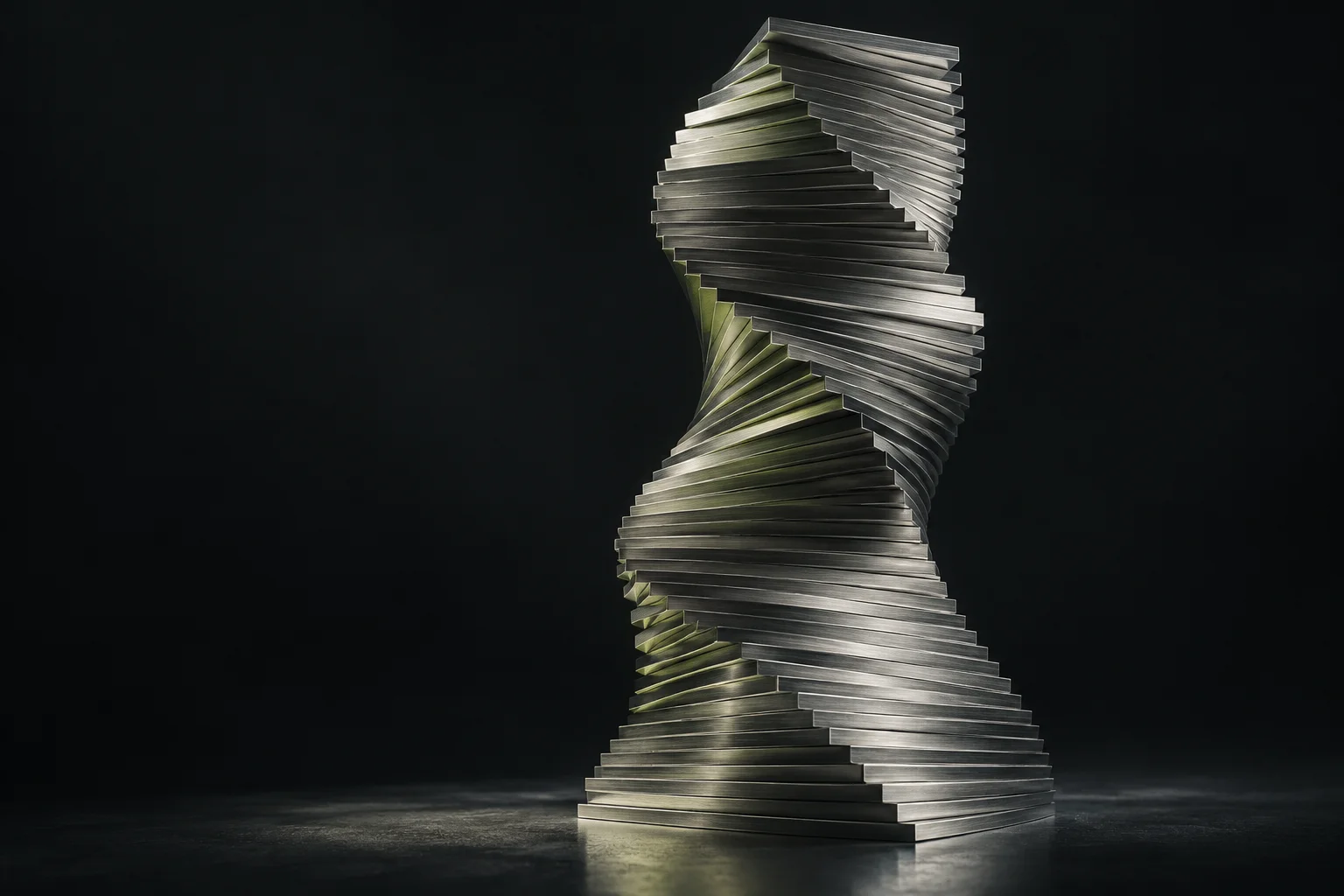 Layered silver surfaces converging into a single structured form